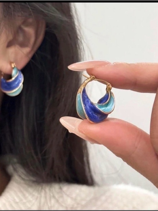 Jewelry - Gold Hoop Earrings with Blue and Teal Enamel Inlay